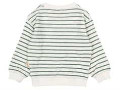 Råhvid sweatshirt i frotté med grønne striber og blåt logo broderi fra Petit Piao PP731 off white green  bagfra